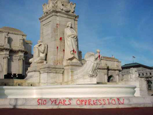 yearningforunity:  Christopher Columbus Memorial defaced 510 YEARS OF OPPRESSION Fuck Columbus Day