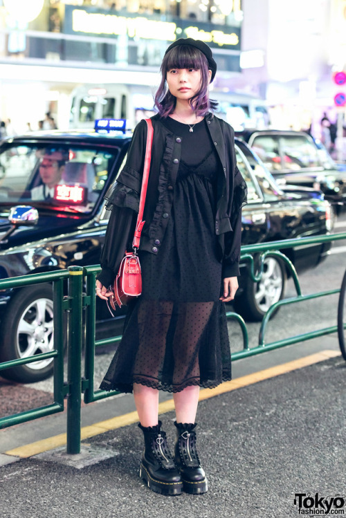 Haluna on the street in Harajuku wearing layered all black fashion from Bubbles, E Hyphen World Gall