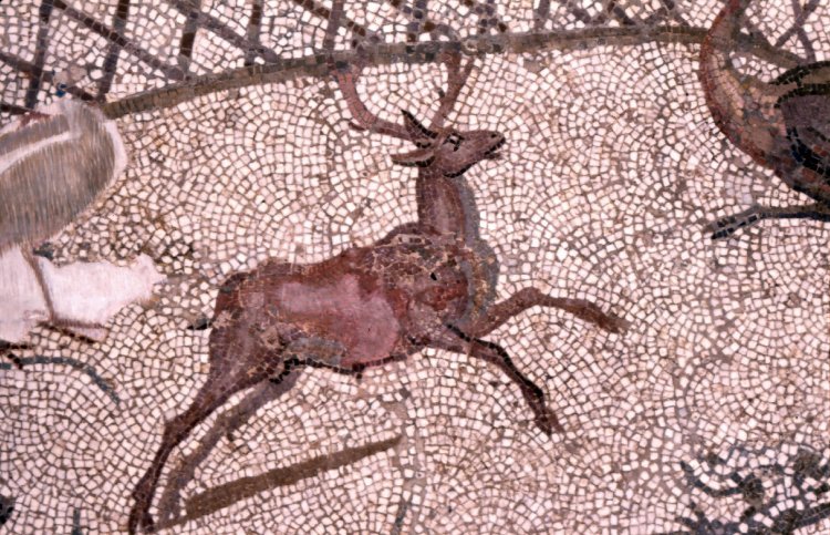 via-appia:  Semi-elliptical mosaic pavement from an apse, a hunt in marshlands Roman,