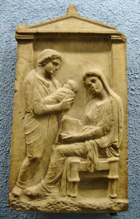 clioancientart:Marble tombstone of a woman (seated) who died leaving her child in the care of a nurs