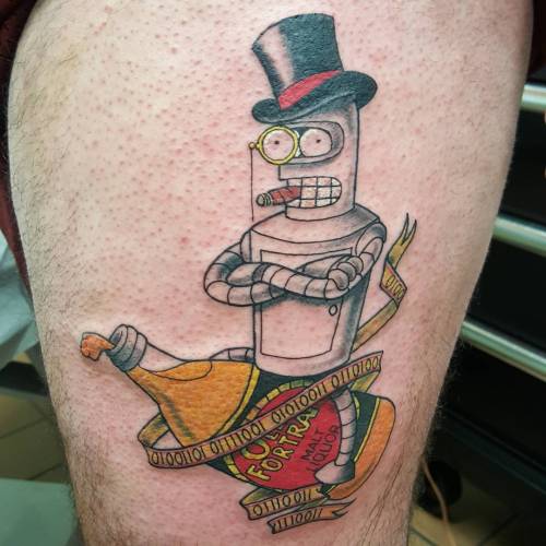 inkybynature:  Bender riding a liquor bottle in progress! Binary is parts of ‘Bite my shiny metal ass!’. #bender #futurama #kissmyshinymetalass #binary #inkybynature #larktattooalbany  (at Lark Tattoo Albany) 