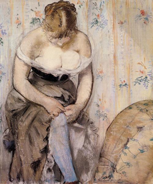 artist-manet:Woman fastening her garter, 1878, Édouar ManetMedium: oil,canvas