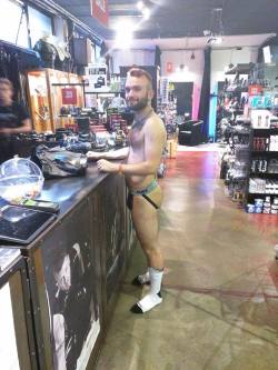 pigfun:  From when I was jumping around the shop floor of regulation-london during fetish week. I had actually just been looking at the pair of chastity shorts on the counter that I was going to be wearing for the rest of that dayThanks @hawtphotography