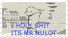 A stamp depicting Mr Hulot, the main character of several Jacques Tati films. The text, in blue, reads: holy shit it's mr hulot