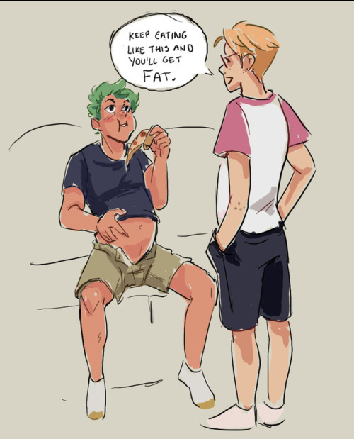 thicc-wired:mint haired boy gets discovered as lover of the fatness; blond boy does the same