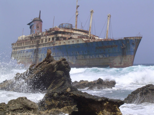 abandonedandurbex:Shipwreck of the ocean liner SS America off the coast of Fuerteventura, Canary Isl
