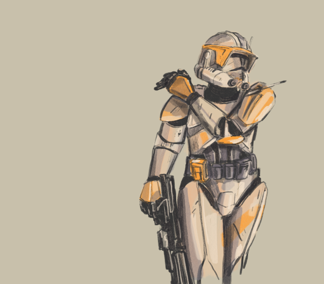 digital illustration of cody from the clone wars holding a rifle and brushing his shoulder off cooly with the other hand