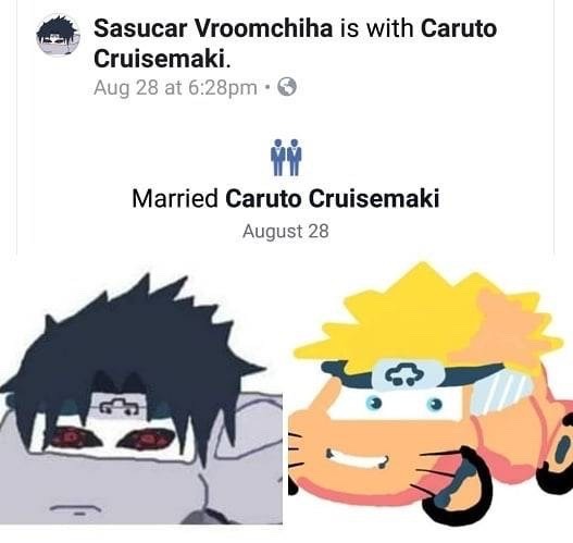hotvampireadjacent:loughshinny:hotvampireadjacent:‪does anyone have that image of a facebook post of naurto car rp accounts that said some shit like “naruto carzumaki married sasuke broomchiha” i need it state it’s an emergency ‬i cannot fucking