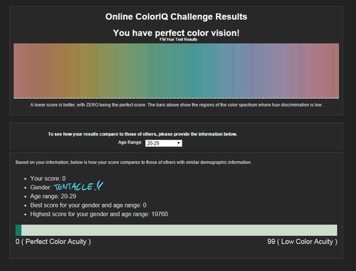 mypettentaclemonster:surfdog2000:chesspargeter:thebeanster171:dfabbatter:illusionwaltz:How well do you see color?I’m cry I scored 60, I feel blindso everyone is aware, a lower score on this means a better score.I got a 30!!!!!!!! Yes!I got a 98, which