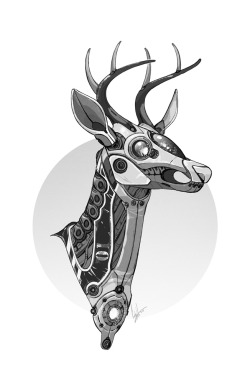 kisskicker:  Lack-lustin drew a robot deer so I wanted to draw a robot deer because I am a creepy stalker hopelessly tag behind Kasey and Dras like a sad puppy like deer and robots. I figure the outer neck bits are made out of whatever magical flexy