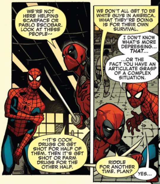fuckyesdeadpool:  I want awkward conversationsnow that Spiderman knows that Deadpool’s daughter is a person of colorand Deadpool schooled him on white privilegeI want Spiderman to uncomfortably word things, trying not to inadvertently say something