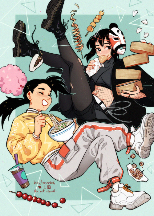 hawberries: ling + lan fan + street food[image is a digital drawing of Ling Yao and Lan Fan in moder