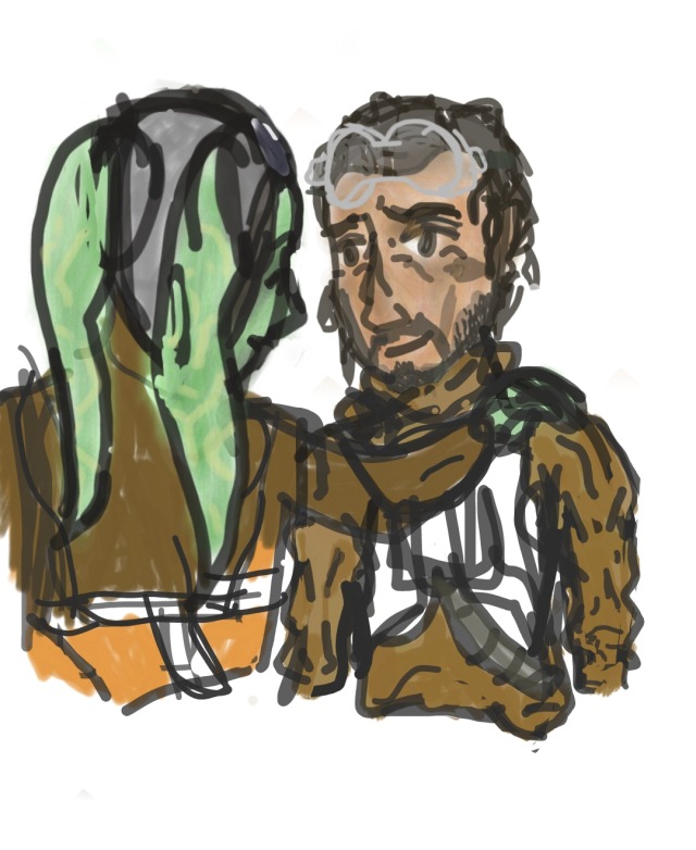 digital drawing of two star wars characters against an empty background. Bodhi Rook, a brown human man played by Eiz Ahmed, wearing a brown flight suit and vest, his goggles on his forehead, looks softly at General Hera Syndulla as she puts her hand on his shoulder. Hera- a green skinned twi'lek woman- is seen from the back, in her brown jacket and orange flight suit, looking back at him and holding his shoulder.