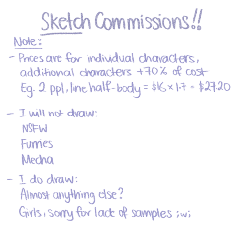 [ Reblogs greatly appreciated!! ]Heeeeeeyyy!!! I’m opening for sketch commissions right n