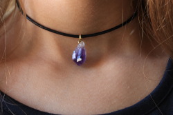 spiritofsalem:  (please be a kind soul and don’t delete the caption) Amethyst Pendant Chokers with leather cord now available on my etsy NinetiesFlowerChild :-)  This lady&rsquo;s jewelry is absolutely beautiful!