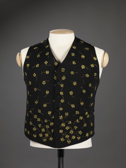 aneacostumes:Patterned male waistcoats from the 19th centuryPink: 1845-55, silk with velvet details 