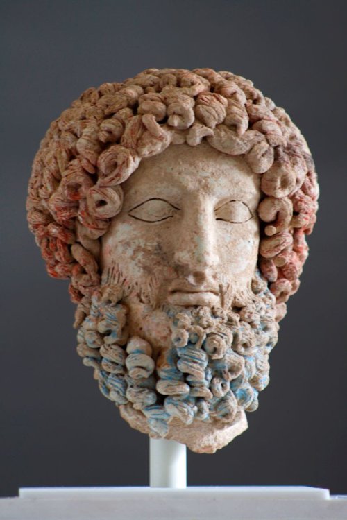 arjuna-vallabha:Head of Hades, polychromatic terracotta, Sicily, 5th-4th century