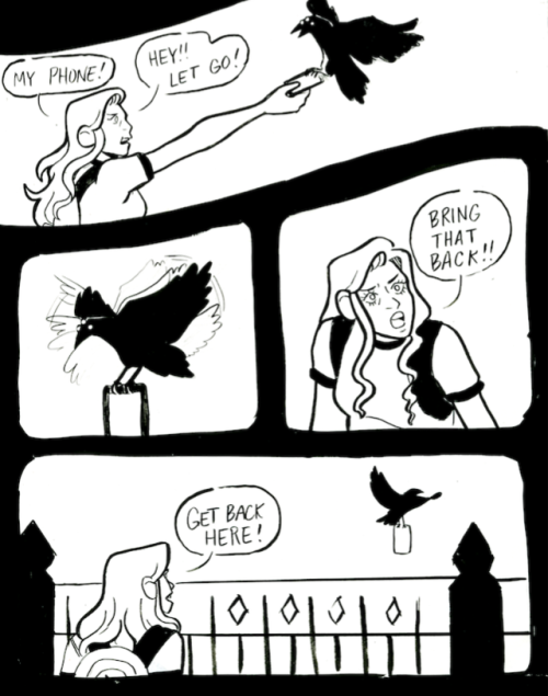 noviebird: witch’s familiar, a super-rushed 8-page comic about a human named November, a crow 