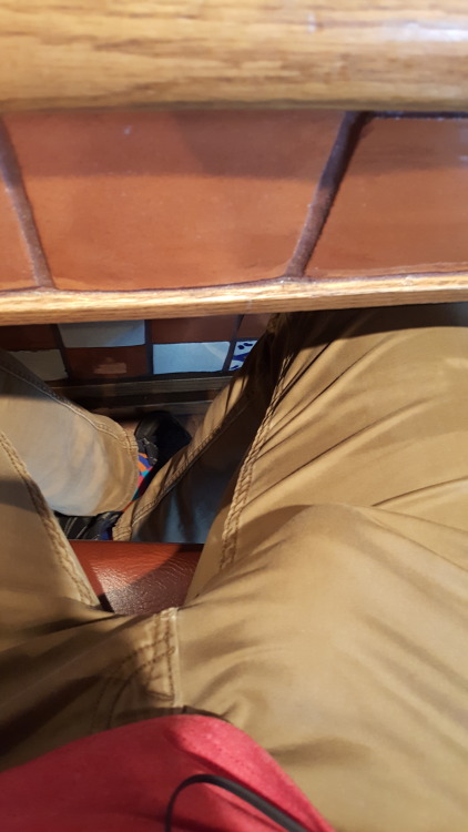 metahighbrow:  Me at the airport bar on a layover. Made a friend in the seat next to me who, when I gave him a chance (after ‘accidentally’ dropping something) gave this firm bulge a few good squeezes. Since I was freeballing, this resulted in a few