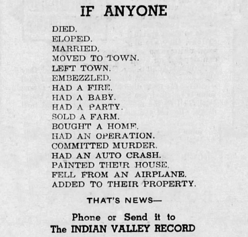 yesterdaysprint:Indian Valley Record, Greenville, California, April 15, 1954