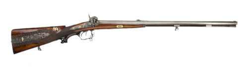A heavily decorated percussion muzzleloading rifle + shotgun combo, crafted by Dunkel A. Burgfinn of