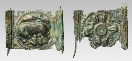 ancientanimalart: Pieces of a belt depicting 1) Romulus and Remus with the she-wolf and 2) lotus flo