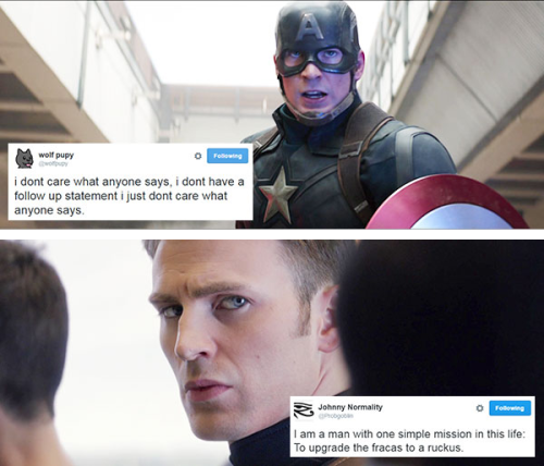 livebloggingmydescentintomadness: tweet meme: steve rogers edition