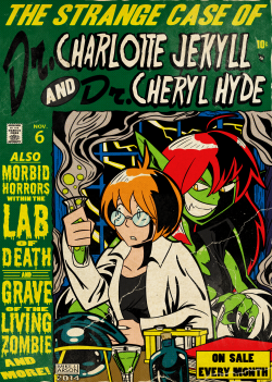 This was commissioned by someone on deviantART called Sephzero, and he wanted me to make a vintage comic cover featuring his two characters, Dr. Charlotte Jekyll and Dr. Cheryl Hyde.