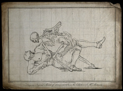 wrestlingisbest:   A skeleton (death) wrestling with a man, the skeleton seems to be winning. Engraving by R. Livesay after W. Hogarth.  