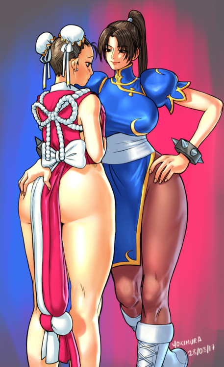 yokimura-art: Commission: Chun Li and Mai Shiranui swapping outfits.  I enjoy drawing chun li so goddamn much ❤  You can also follow me on twitter at @Yokimura-art. Commissions are open! 