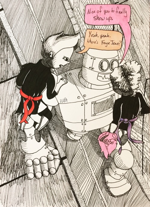 Inktober, day 21&ndash;just a couple of introverts taking on a giant robot. (FayeJean is getting