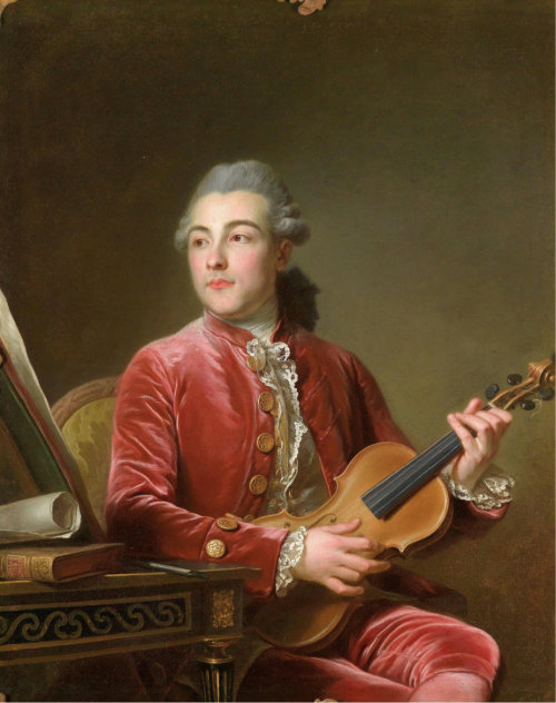 Portrait of a gentleman, half-length, seated in a red velvet jacket with a violin. Guillaume Voiriot