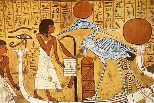 Irynefer before the Bennu The deceased standing before the Bennu-bird in its solar barque, detail of