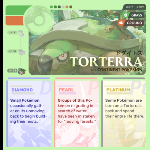 Sinnoh Pokémon → Torterra, the Continent PokémonTorterra (Japanese: ドダイトス Dodaitose) is a tall, bulk