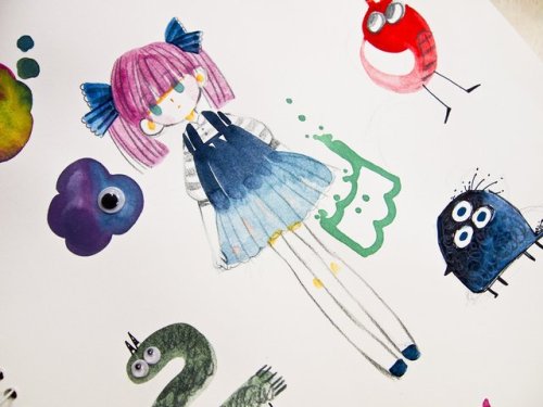 gamnamu:  I put my toy eyes on top of the watercolor doodles.