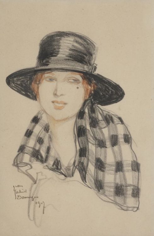 Stylish young woman in hat   -   Jean Gabriel Domergue,  1907 French,1889-1962Drawing in black penci