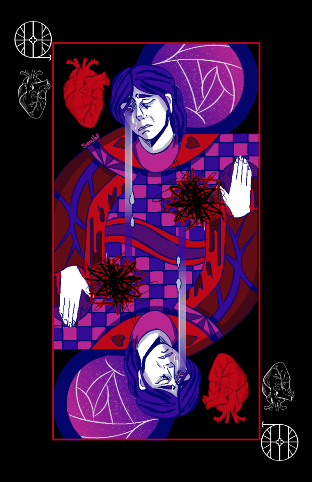 The Queen of Hearts is a woman facing the viewer, with her head at a downturned 3/4 angle. Her attire is patterned with veins, dripping blood, and some triangles, all using shades of pink, purple, blue and red. The rest of her 'body' is covered by a duvet made of alternating pink and blue squares, to represent dreaming, or sleep. Two tears fall from her eyes, as well as a long waterfall tear, which is a light blue and dark blue gradient. Behind her head is a halo, which is a pink and purple gradient, surrounded by a dark blue ring. There is a black and red scribble over where her heart should be. There are two anatomically correct red hearts in the corners