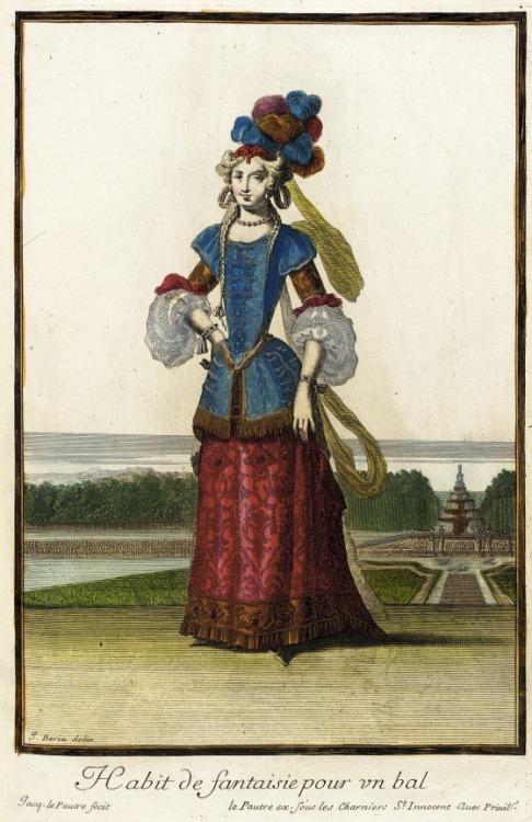 Illustration of theatrical costumes worn by courtiers for court ballets from &ldquo;Recueil des mode