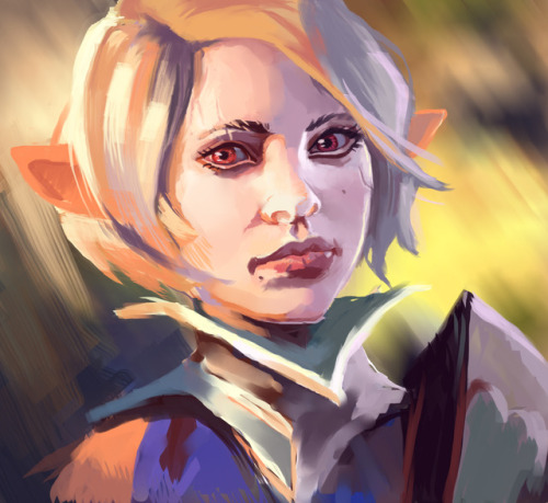 Redrew my ol’ Inquisitor Lavellan. Pale, Deepset red eyes, scars lacing across her face, and platinu