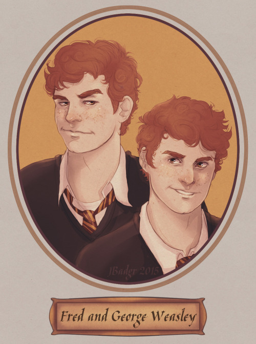 harrypotterconfessions:  jbadgr: Harry Potter Portrait Series: Fred (L) and George ® Weasley (hi-res link) Artist: JBadgr ________________________________ Love these boys! Tried to make Fred a bit more maniacally mischievous whilst George is more of