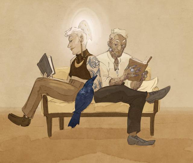 A sepia painting of two young men sitting on a sofa, both reading books. The one on the right is pale and has short white hair and a glowing halo growing from the back of their head. The one on the right has brown skin and blonde hair that is shaved on the back and sides. He has a scale-like pattern on his arms, chest, neck and cheeks in dull purple, and purple claws. He is smiling at a crow perched between the two men, which is blue and patterned like a nebula.