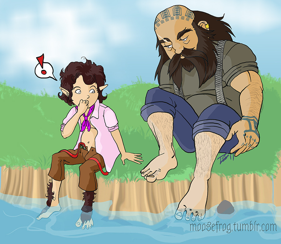 Hairless Feet! Frodo was just hanging out with his uncle’s friend when he decided to dangle his feet in the water to cool off. (You won’t catch him going in more than that! He’s a bit scared of water.) Dwalin joins him, anticipating his surprise when...