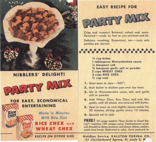 The Original Chex Party MixChex Party Mix recipe first appeared on the side panel of Chex cereal box