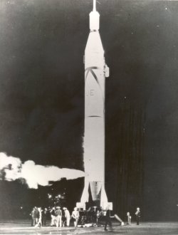 engineeringhistory:  Explorer I on a Jupiter rocket, January 31st, 1958. Explorer I was the first satellite launched by the United States and the first spacecraft to detect the Van Allen radiation belt.