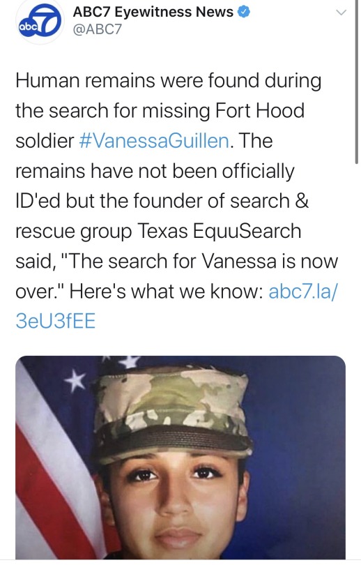 krxs100: Soldier Vanessa Guillen Disappeared From Fort Hood Army Base in April. Here’s What You Need To Know About the Case   Vanessa Guillen, a 20-year-old U.S. soldier, last seen on April 22 in a parking lot on the Fort Hood Army Base in central Texas.