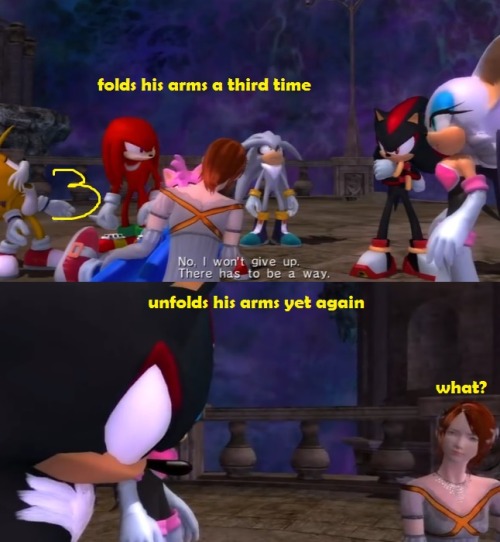 addi-draws:coolblueandsmiles:Let me tell you about Shadow The Hedgehog,  he folded his arms five tim