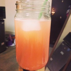 I should get into bar tending. I call this the grapefruit fizzy. Grapefruit juice+raspberry seltzer and one or two shots of vanilla rum. A splash of mandarin orange juice for added sweetness