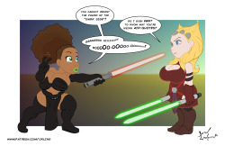 jklind:  Here’s the latest suggestion voted on by my patrons - Monique dressed as Darth Talon, and Daisy as Ahsoka Tano!There’s  another version that I think works better…  let’s just say Mo’s light  saber blade has a different shape to it. 