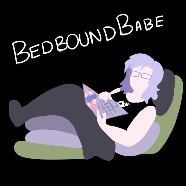 #BedboundBabe [ID: a lineless drawing of a fat white woman with light purple hair. I have pillows behind me and under my...