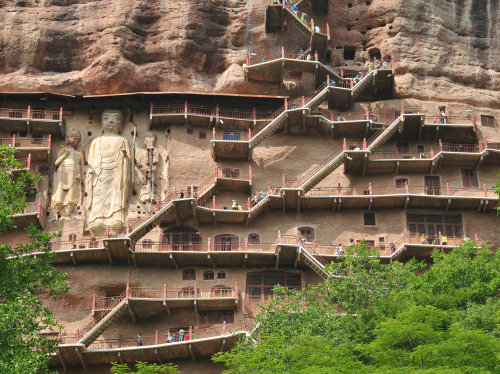 thegasolinestation:  The Maijishan GrottoesThe Maijishan Grottoes in the city of Tianshui, Gansu Province, on August 12, 2015. The Maijishan Grottoes are a series of 194 caves cut in the side of the hill of Majishan in Tianshui. This example of rock-cut